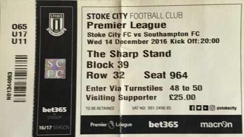 Stoke City away ticket in the Premier League on the 12/14/2016 at the bet365 Stadium