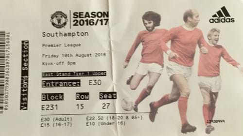 Manchester United away ticket in the Premier League on the 8/19/2016 at the Old Trafford