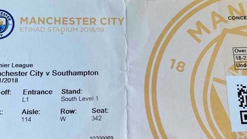 Manchester City away ticket in the Premier League on the 11/4/2018 at the The Etihad
