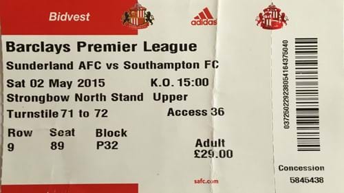 Sunderland AFC away ticket in the Premier League on the 5/2/2015 at the Stadium of Light
