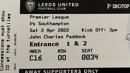 Leeds United away ticket in the Premier League on the 4/2/2022 at the Elland Road