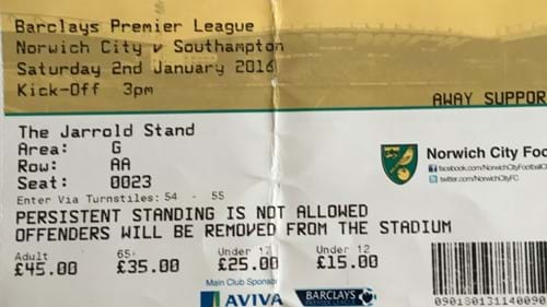 Norwich City away ticket in the Premier League on the 1/2/2016 at the Carrow Road