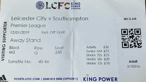 Leicester City away ticket in the Premier League on the 1/12/2019 at the King Power Stadium