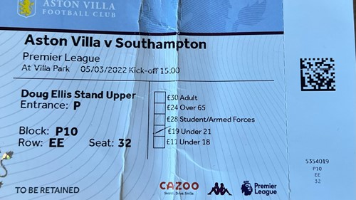 Aston Villa away ticket in the Premier League on the 3/5/2022 at the Villa Park