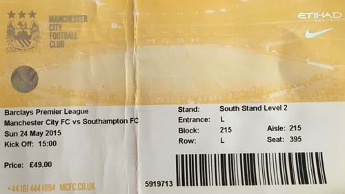 Manchester City away ticket in the Premier League on the 5/24/2015 at the The Etihad