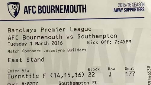 AFC Bournemouth away ticket in the Premier League on the 5/1/2016 at the Vitality Stadium