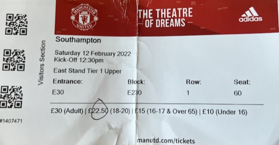 Manchester United away ticket in the Premier League on the 2/12/2022 at the Old Trafford