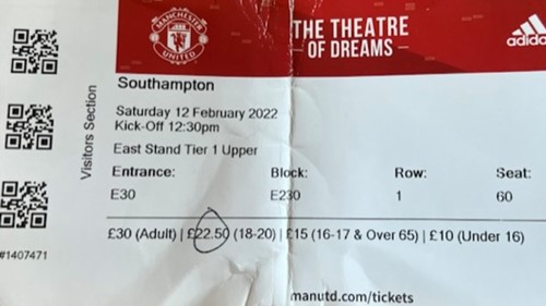 Manchester United away ticket in the Premier League on the 2/12/2022 at the Old Trafford