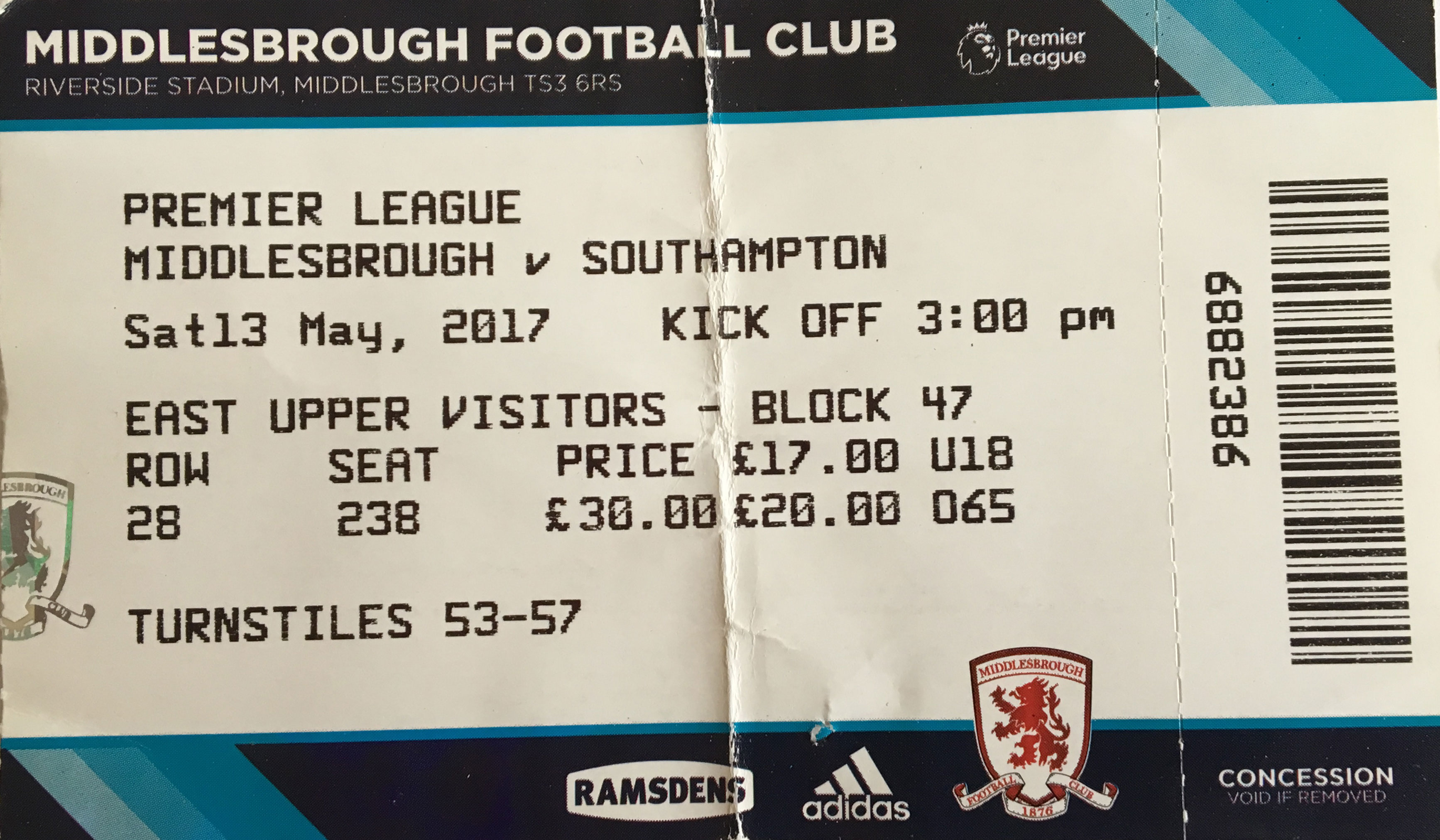 Middlesbrough away ticket in the Premier League on the 5/13/2017 at the The Riverside Stadium