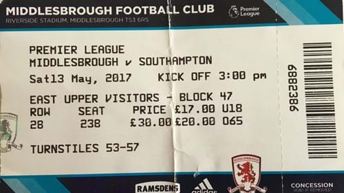 Middlesbrough away ticket in the Premier League on the 5/13/2017 at the The Riverside Stadium