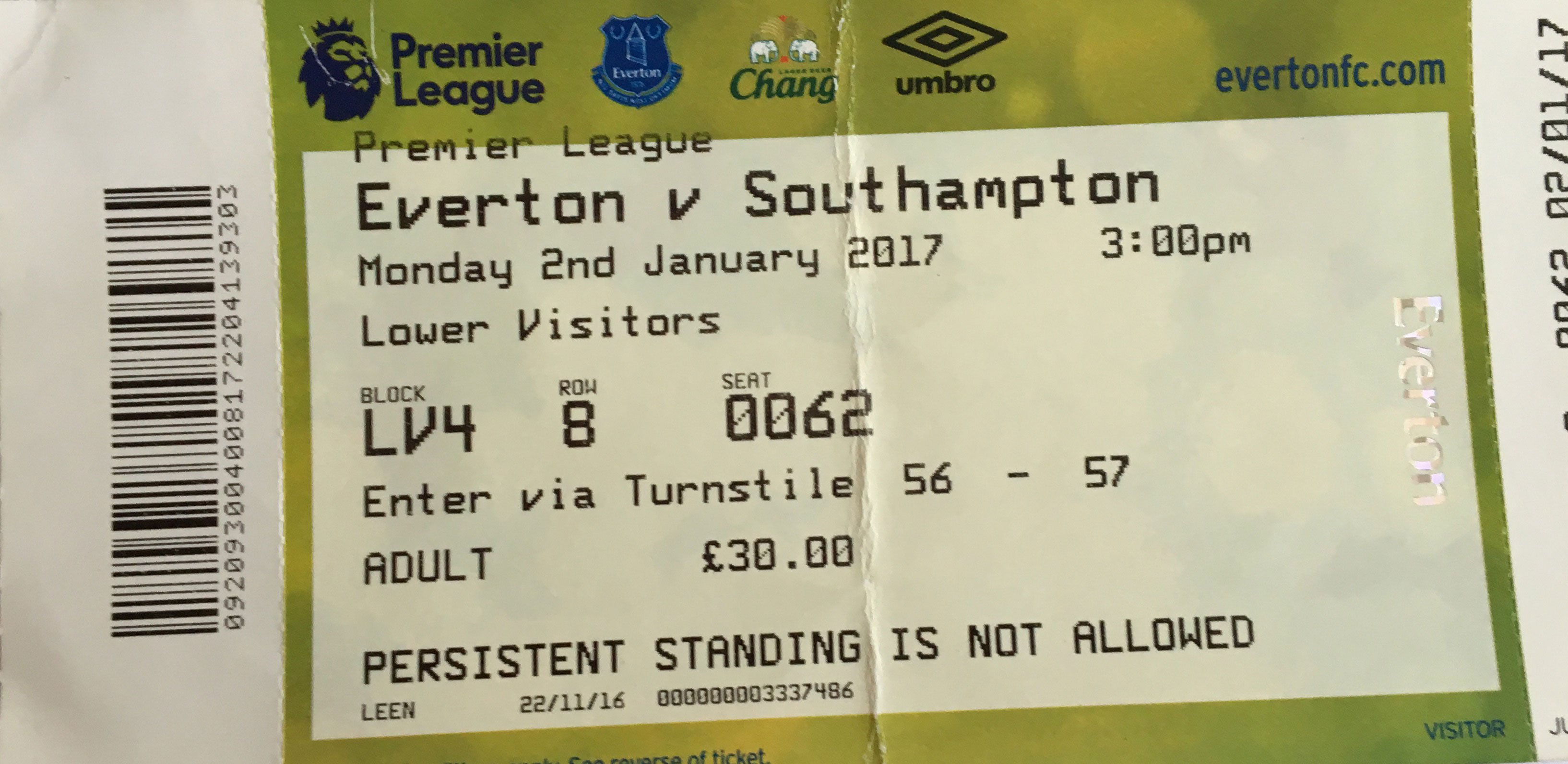 Everton away ticket in the Premier League on the 1/2/2017 at the Goodison Park