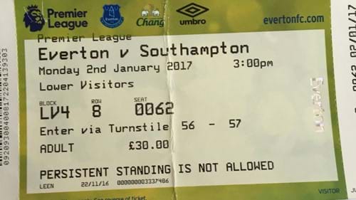 Everton away ticket in the Premier League on the 1/2/2017 at the Goodison Park