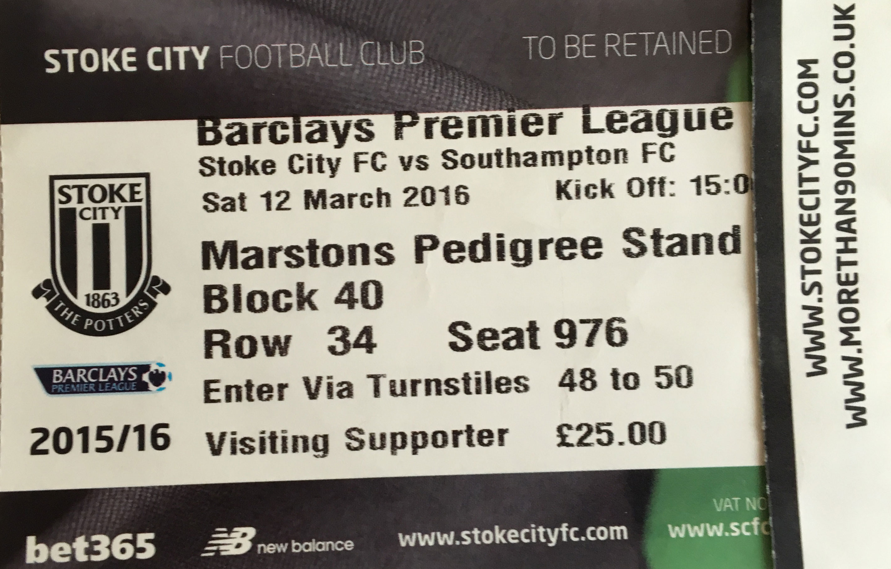 Stoke City away ticket in the Premier League on the 3/12/2016 at the bet365 Stadium