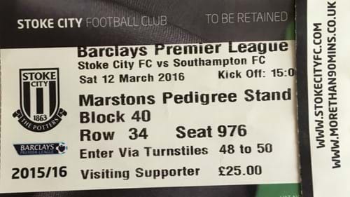 Stoke City away ticket in the Premier League on the 3/12/2016 at the bet365 Stadium
