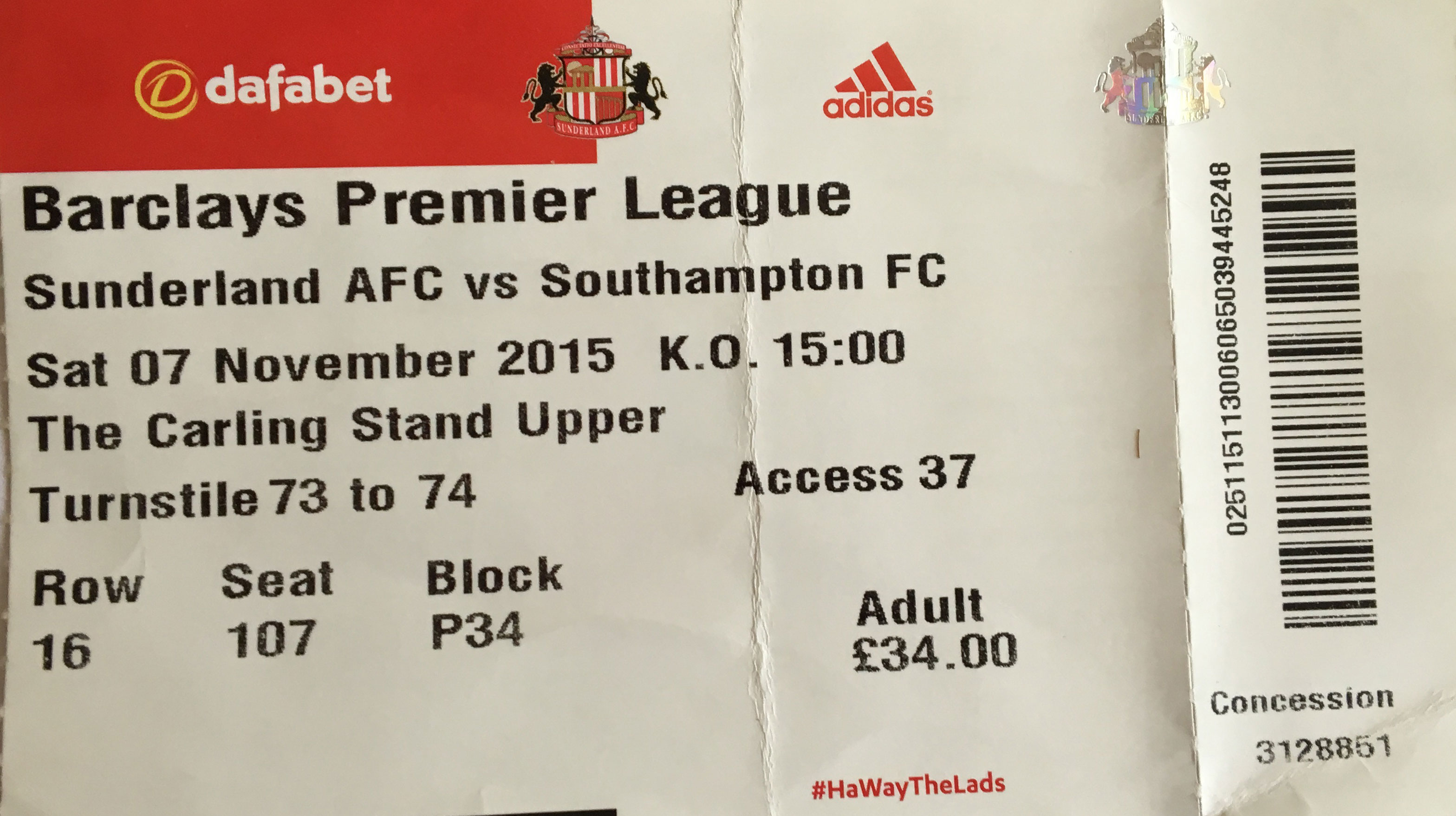 Sunderland AFC away ticket in the Premier League on the 11/7/2015 at the Stadium of Light