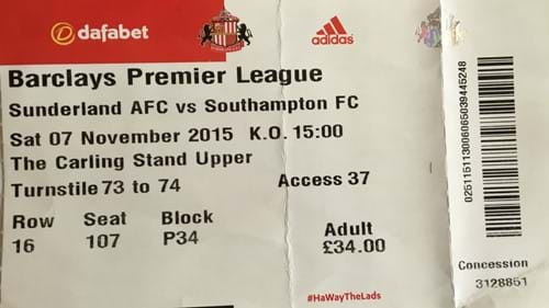 Sunderland AFC away ticket in the Premier League on the 11/7/2015 at the Stadium of Light