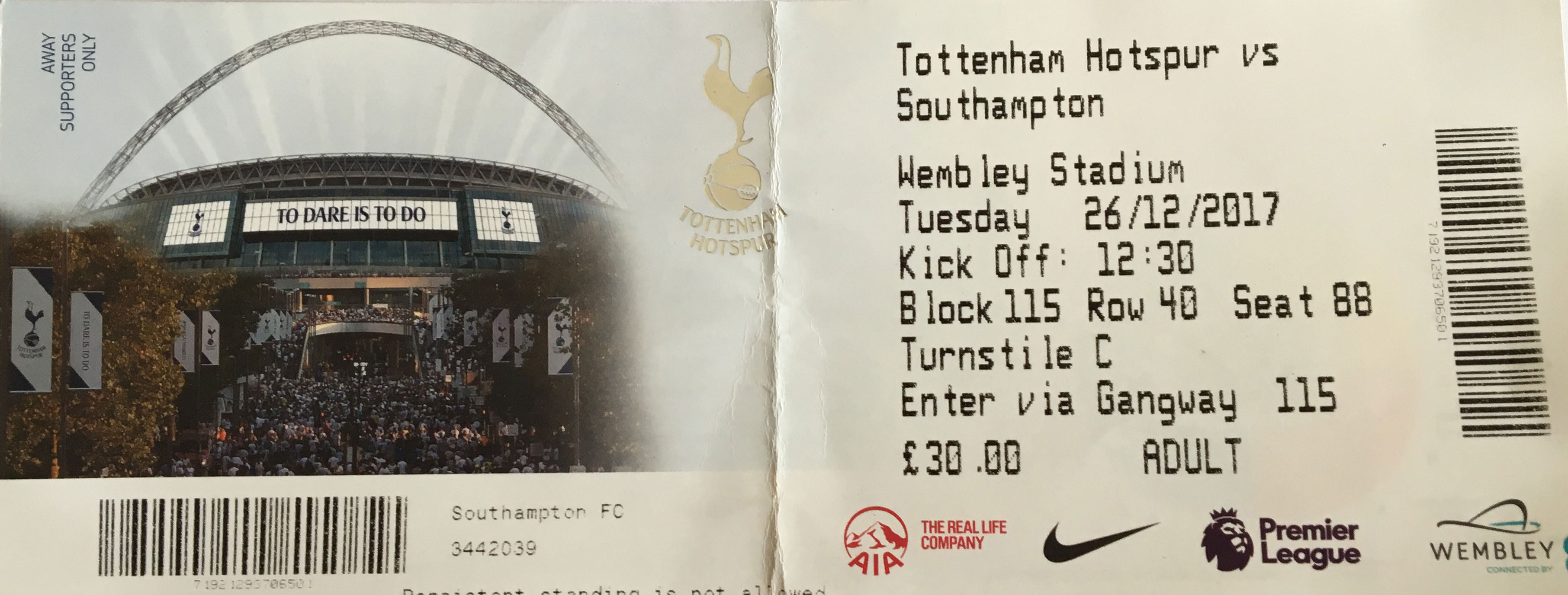  away ticket in the Premier League on the 12/26/2017 at the Wembley