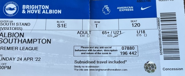Brighton & Hove Albion away ticket in the Premier League on the 4/24/2022 at the The Amex