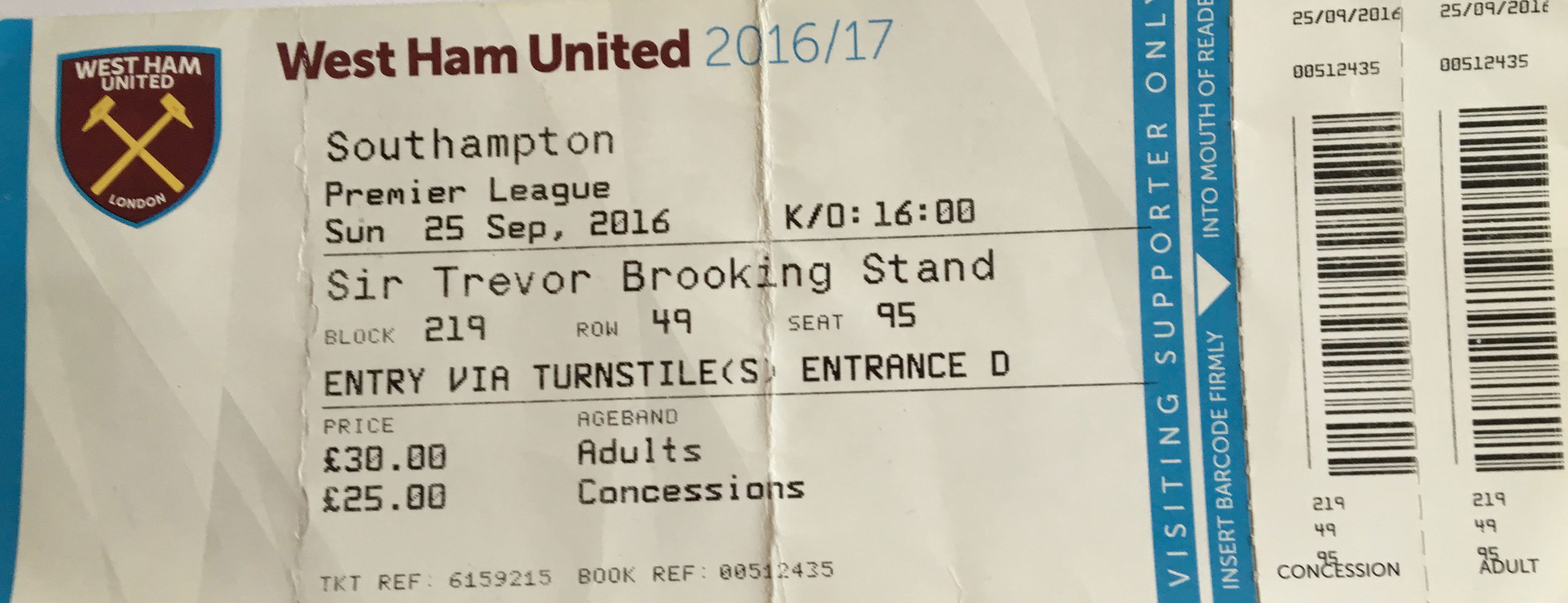 West Ham United away ticket in the Premier League on the 9/25/2016 at the London Stadium