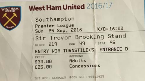 West Ham United away ticket in the Premier League on the 9/25/2016 at the London Stadium