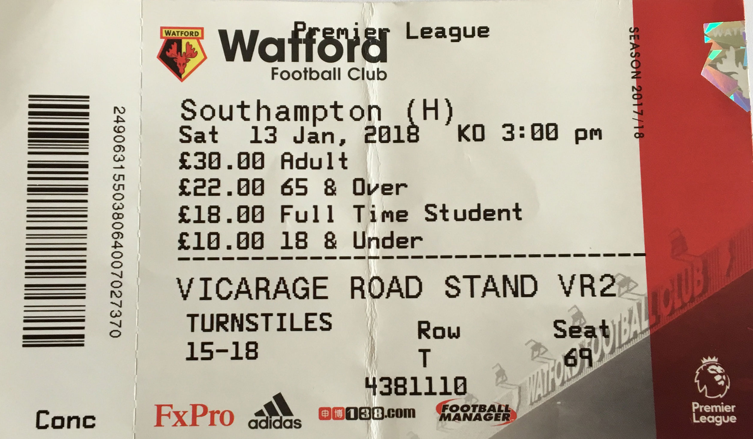 Watford away ticket in the Premier League on the 1/13/2018 at the Vicarage Road