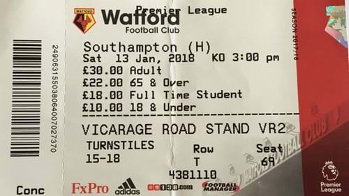 Watford away ticket in the Premier League on the 1/13/2018 at the Vicarage Road