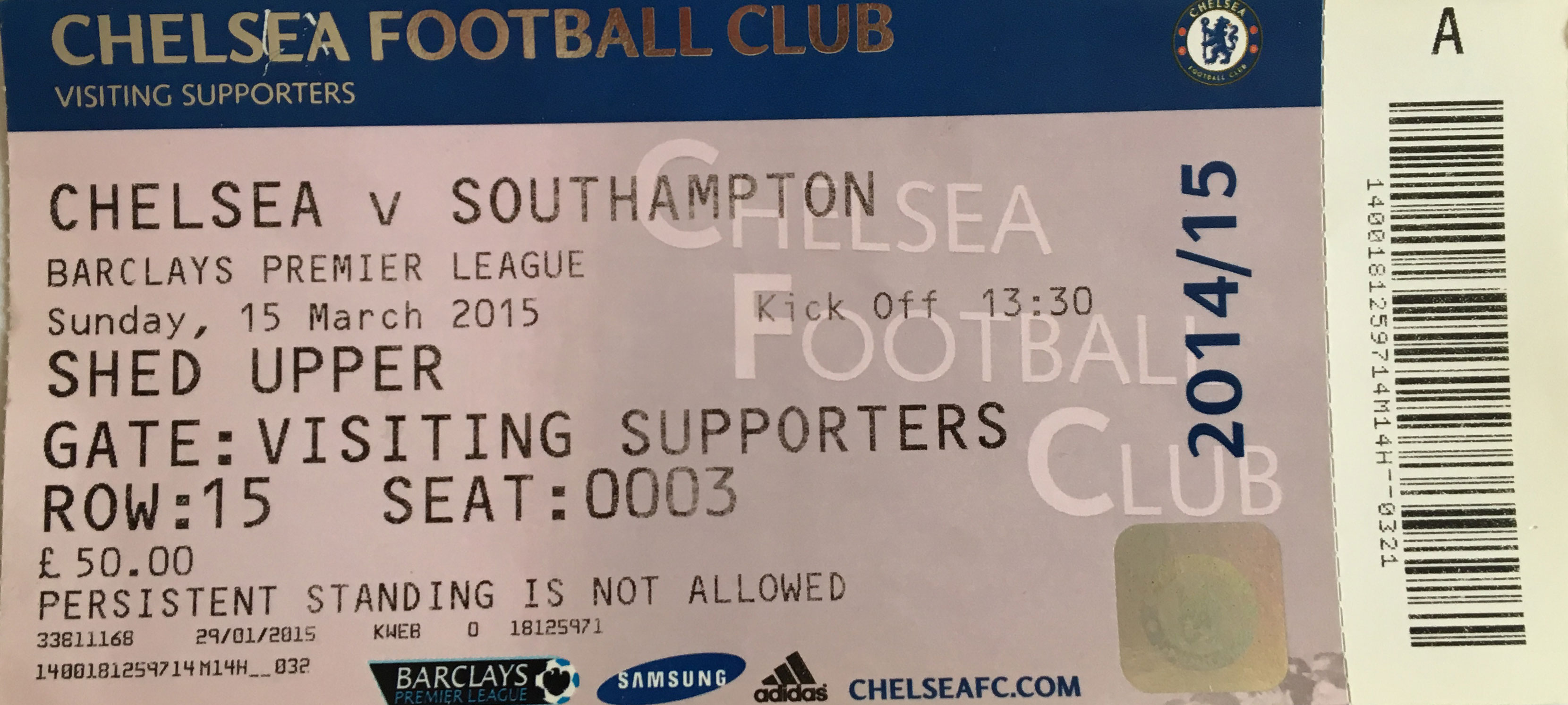 Chelsea away ticket in the Premier League on the 3/15/2015 at the Stamford Bridge