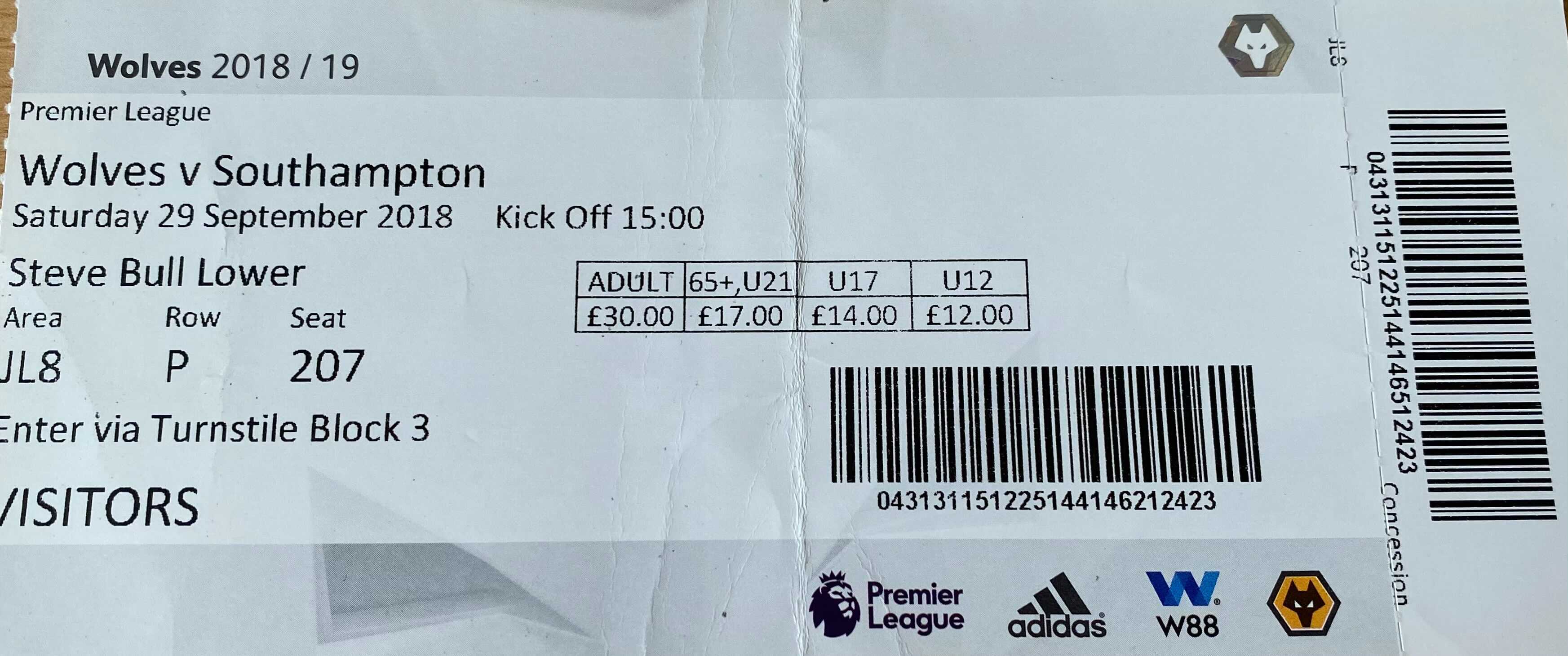 Wolverhampton Wanderers away ticket in the Premier League on the 9/29/2018 at the Molineux Stadium