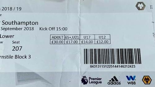 Wolverhampton Wanderers away ticket in the Premier League on the 9/29/2018 at the Molineux Stadium