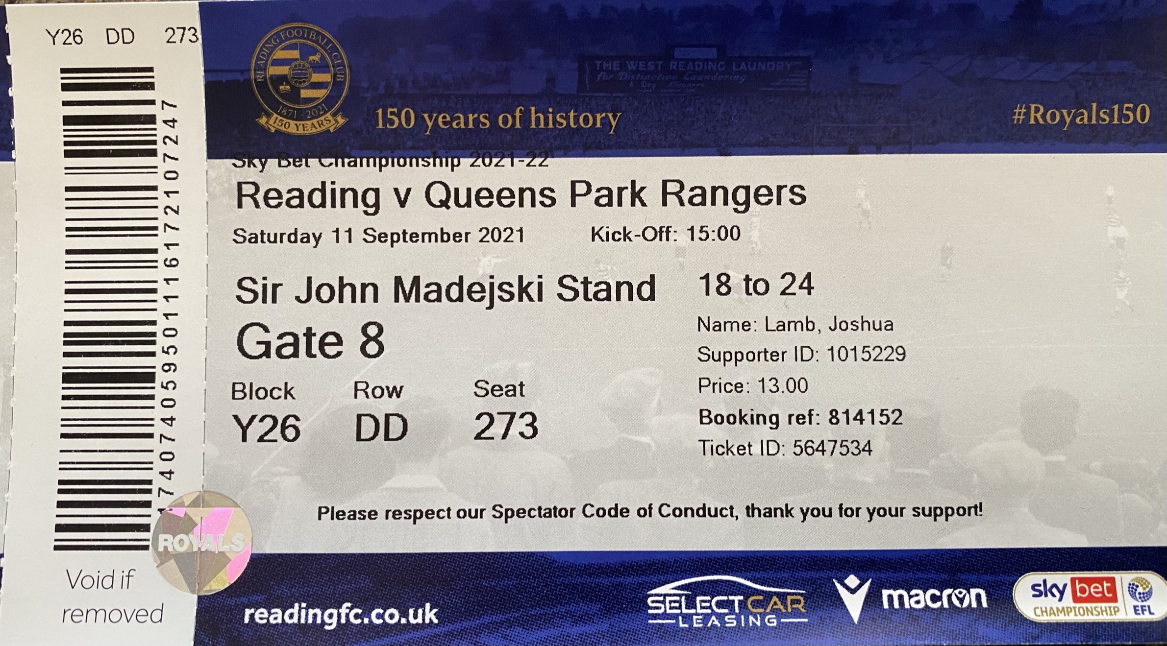 Reading away ticket in the EFL Championship on the 9/11/2021 at the Madejski Stadium