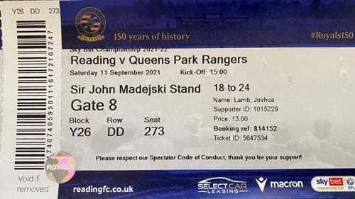 Reading away ticket in the EFL Championship on the 9/11/2021 at the Madejski Stadium
