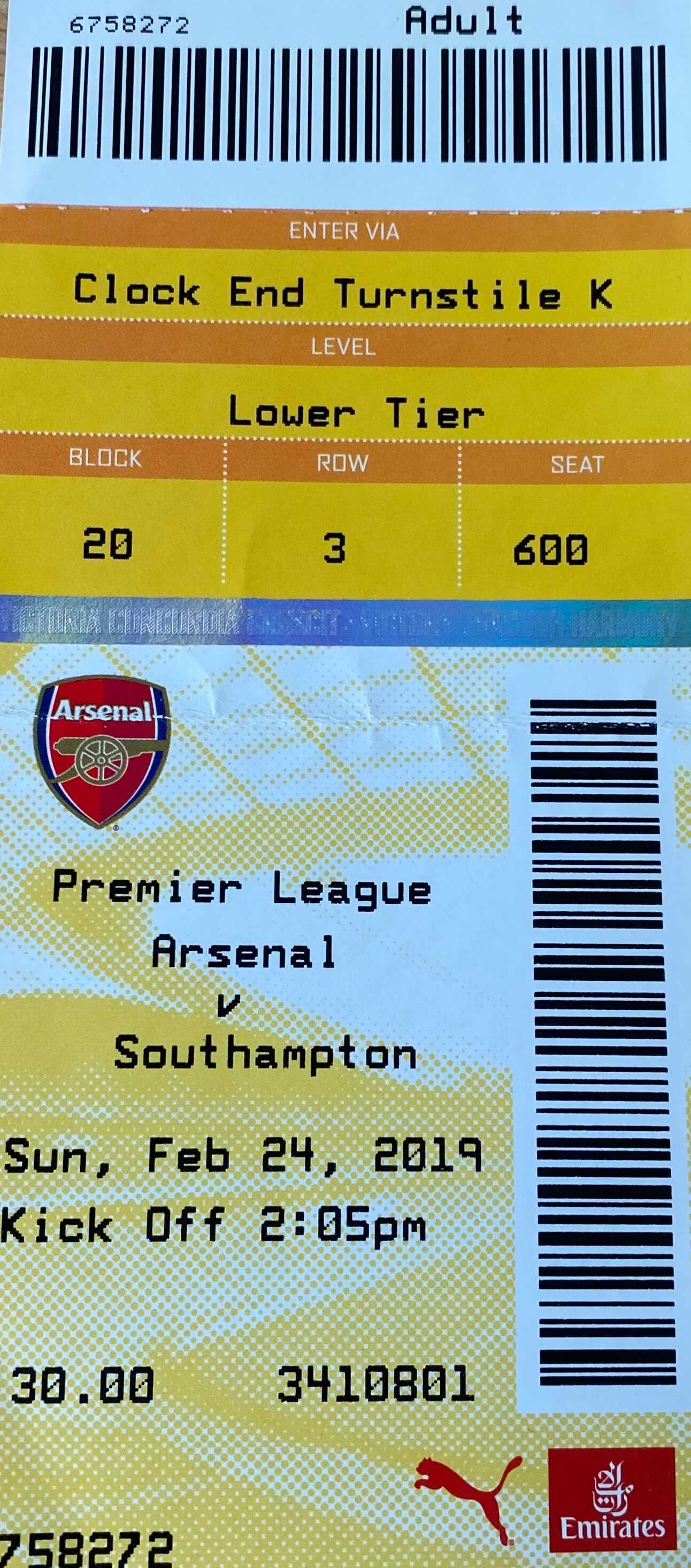 Arsenal away ticket in the Premier League on the 2/24/2019 at the The Emirates