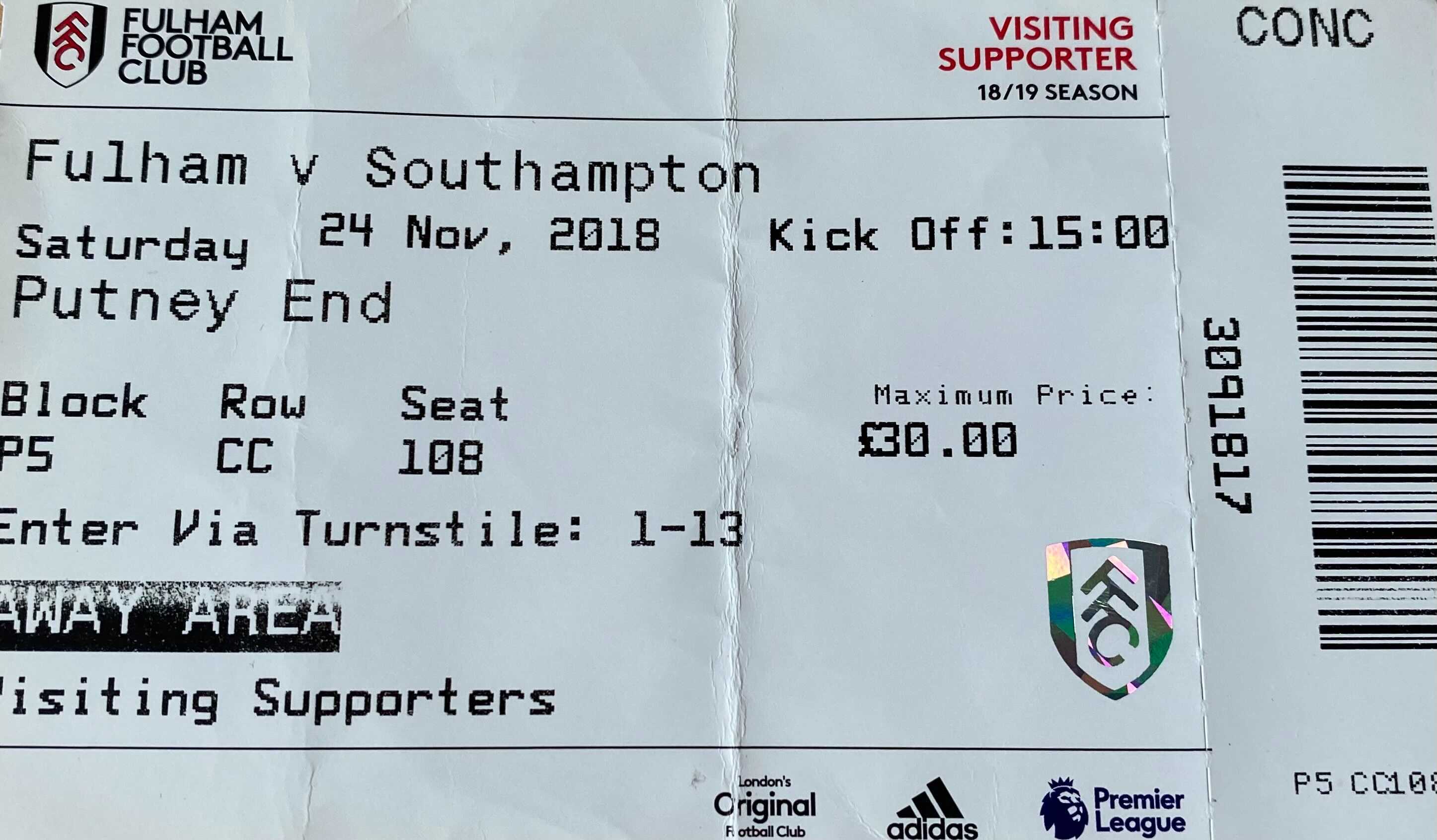 Fulham away ticket in the Premier League on the 11/24/2018 at the Craven Cottage