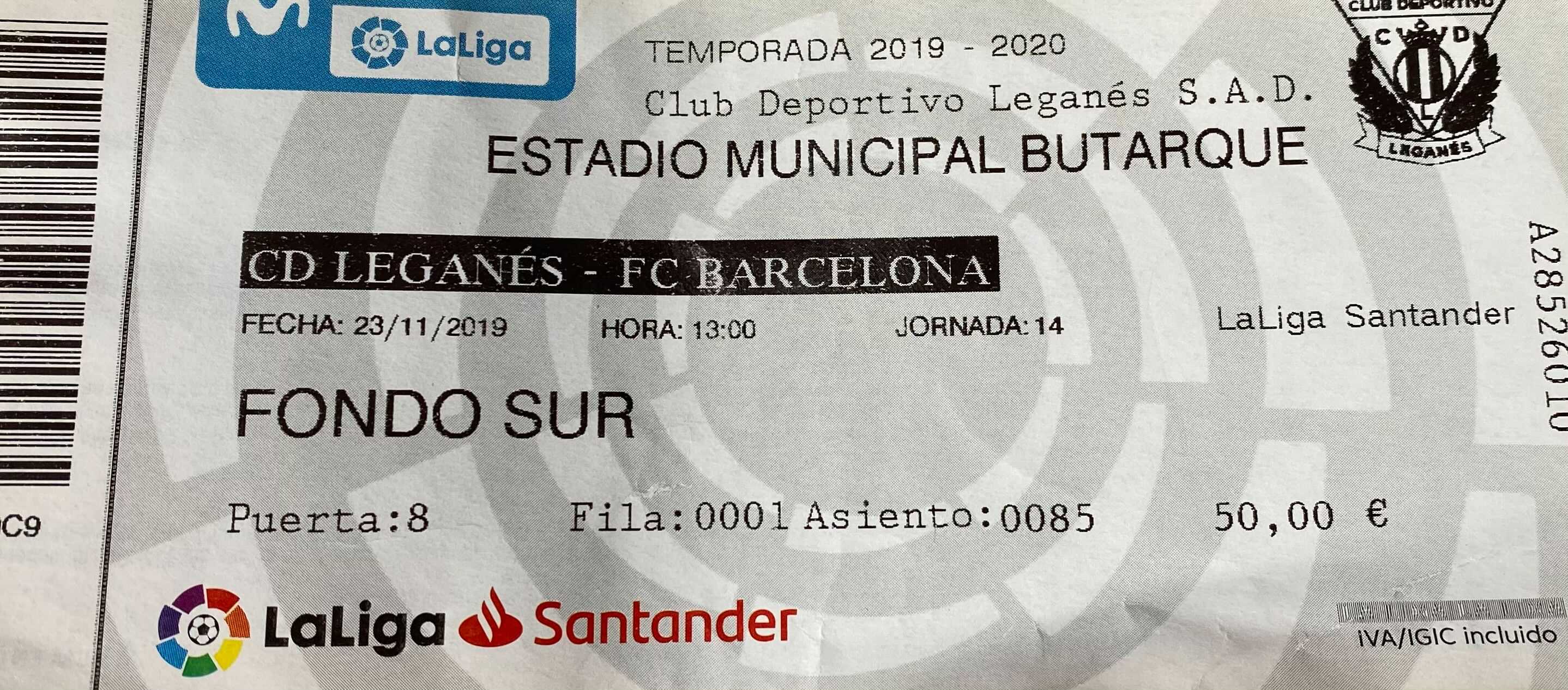 CD Leganés away ticket in the Spanish La Liga on the 11/23/2019 at the Estadio Municipal de Butarque