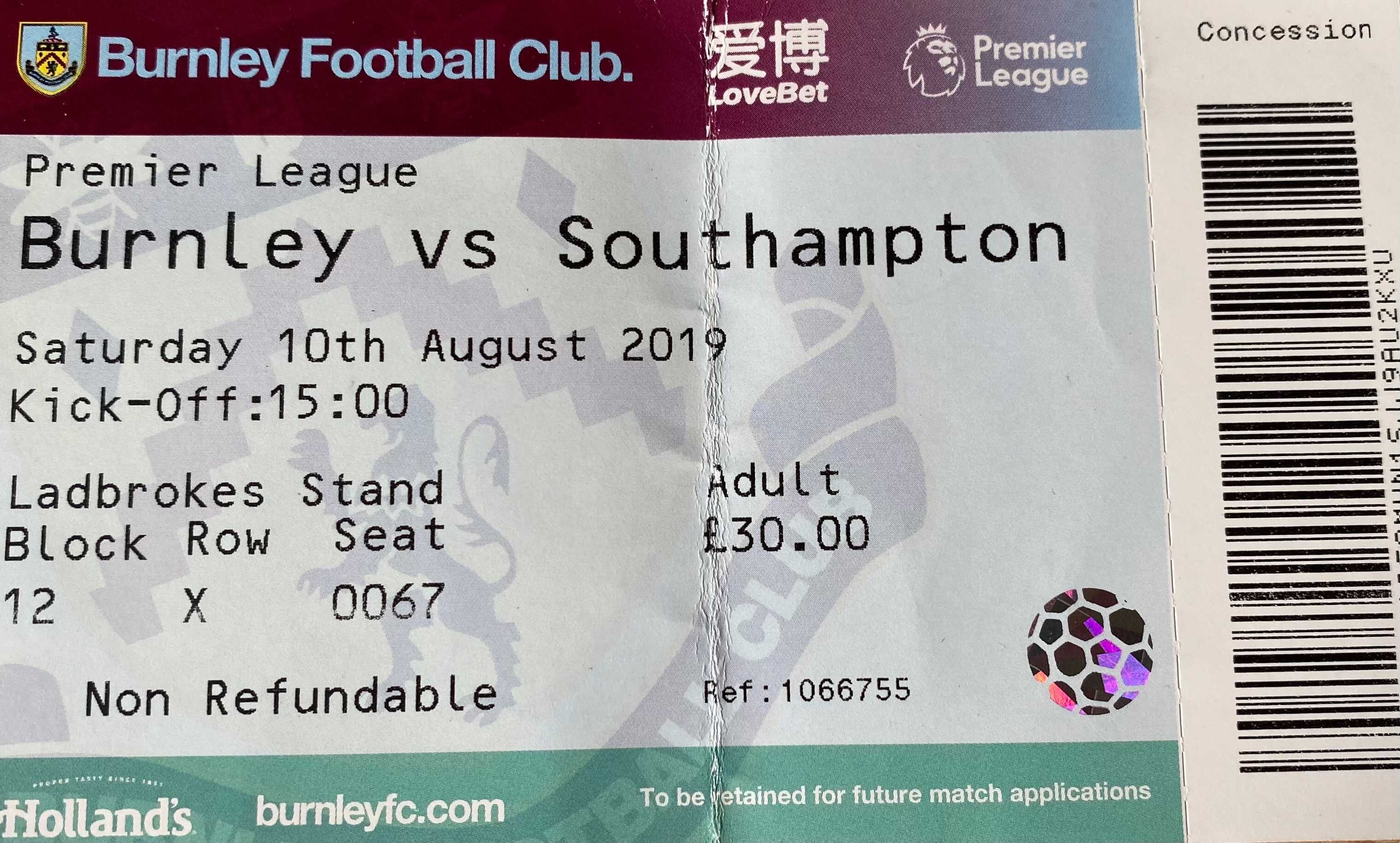 Burnley away ticket in the Premier League on the 8/10/2019 at the Turf Moor