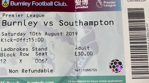 Burnley away ticket in the Premier League on the 8/10/2019 at the Turf Moor