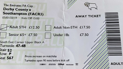 Derby County away ticket in the Emirates FA Cup on the 1/5/2019 at the Pride Park Stadium