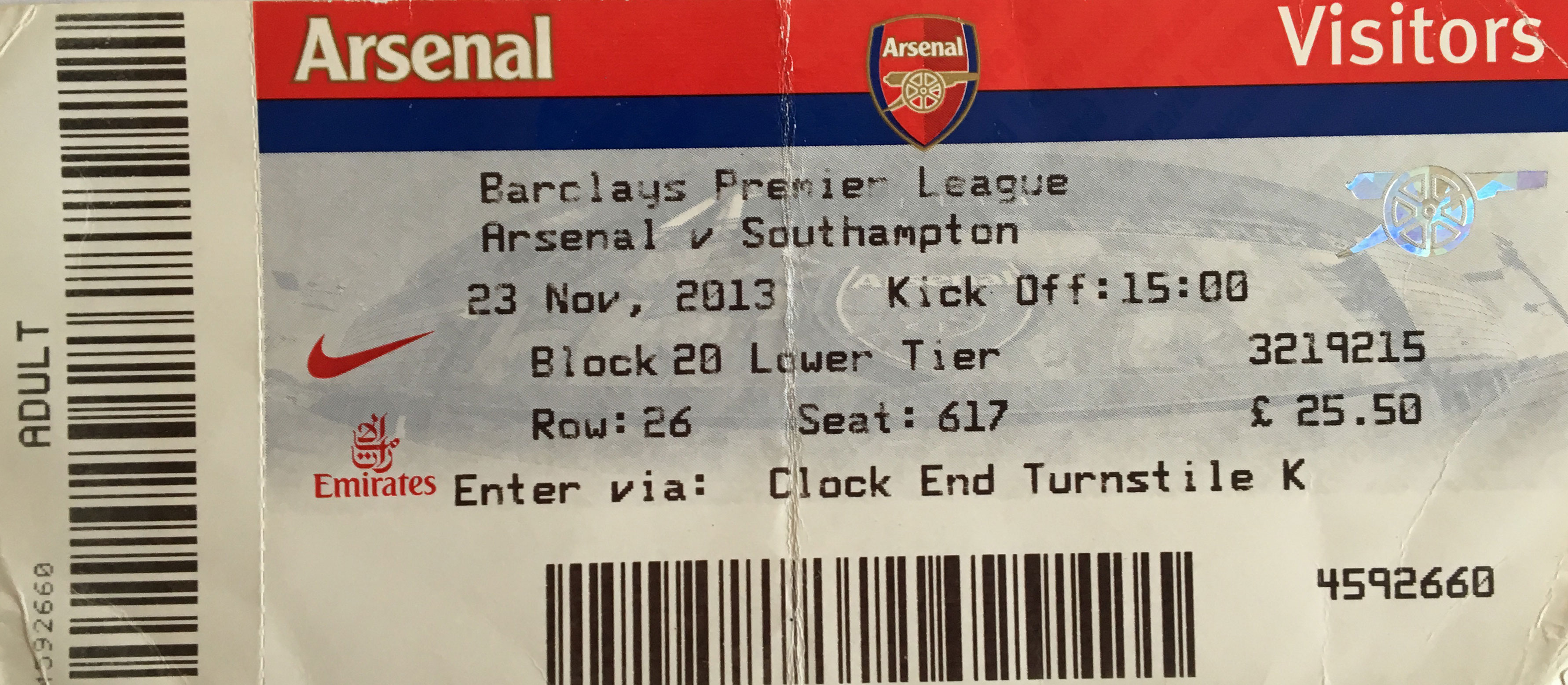 Arsenal away ticket in the Premier League on the 11/23/2013 at the The Emirates