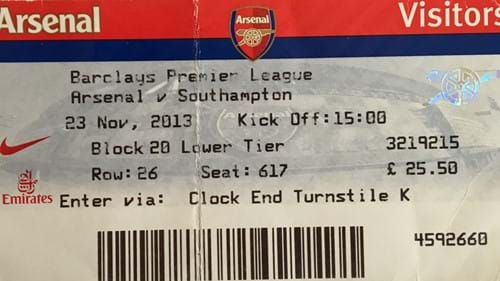 Arsenal away ticket in the Premier League on the 11/23/2013 at the The Emirates