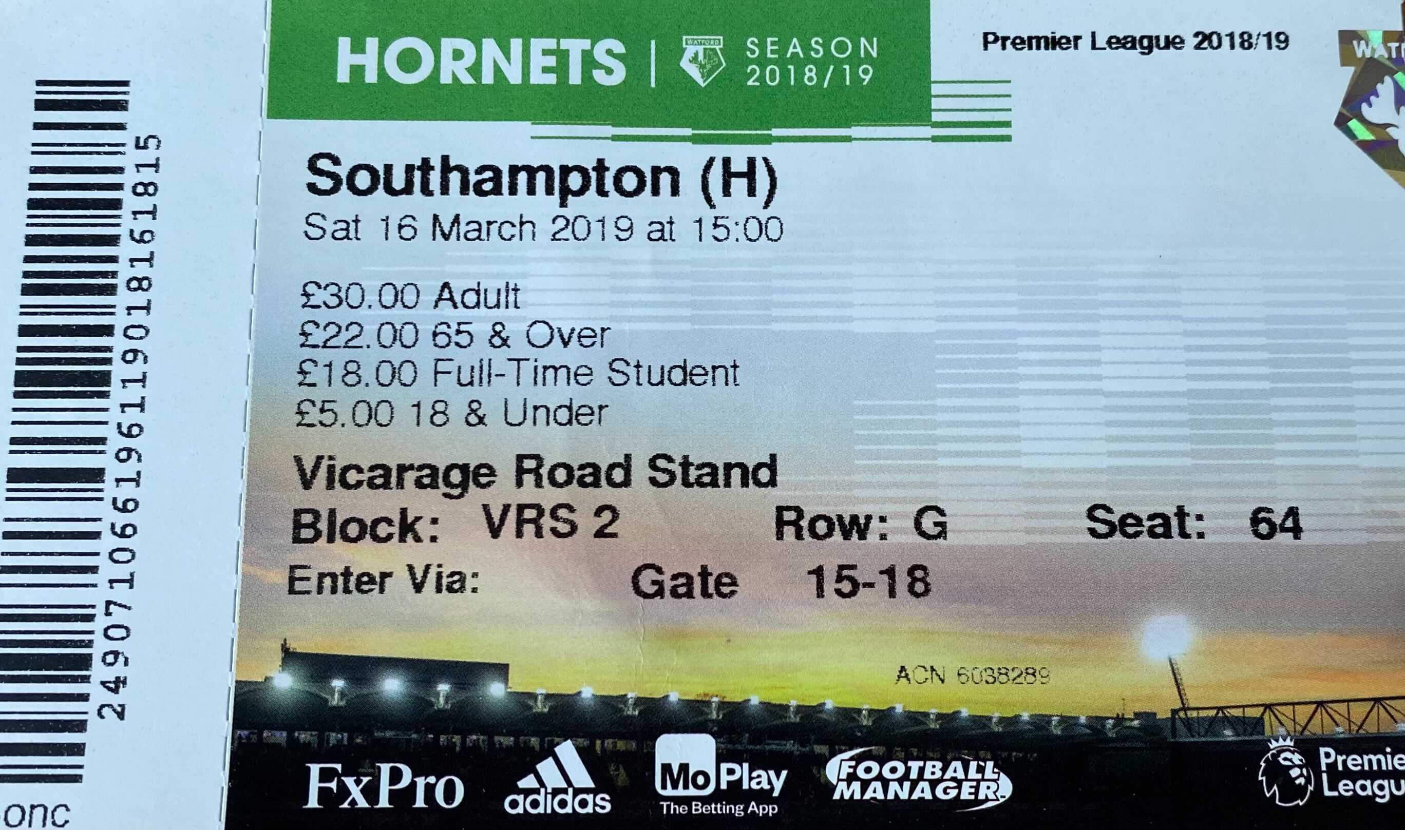 Watford away ticket in the Premier League on the 4/23/2019 at the Vicarage Road