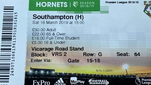 Watford away ticket in the Premier League on the 4/23/2019 at the Vicarage Road