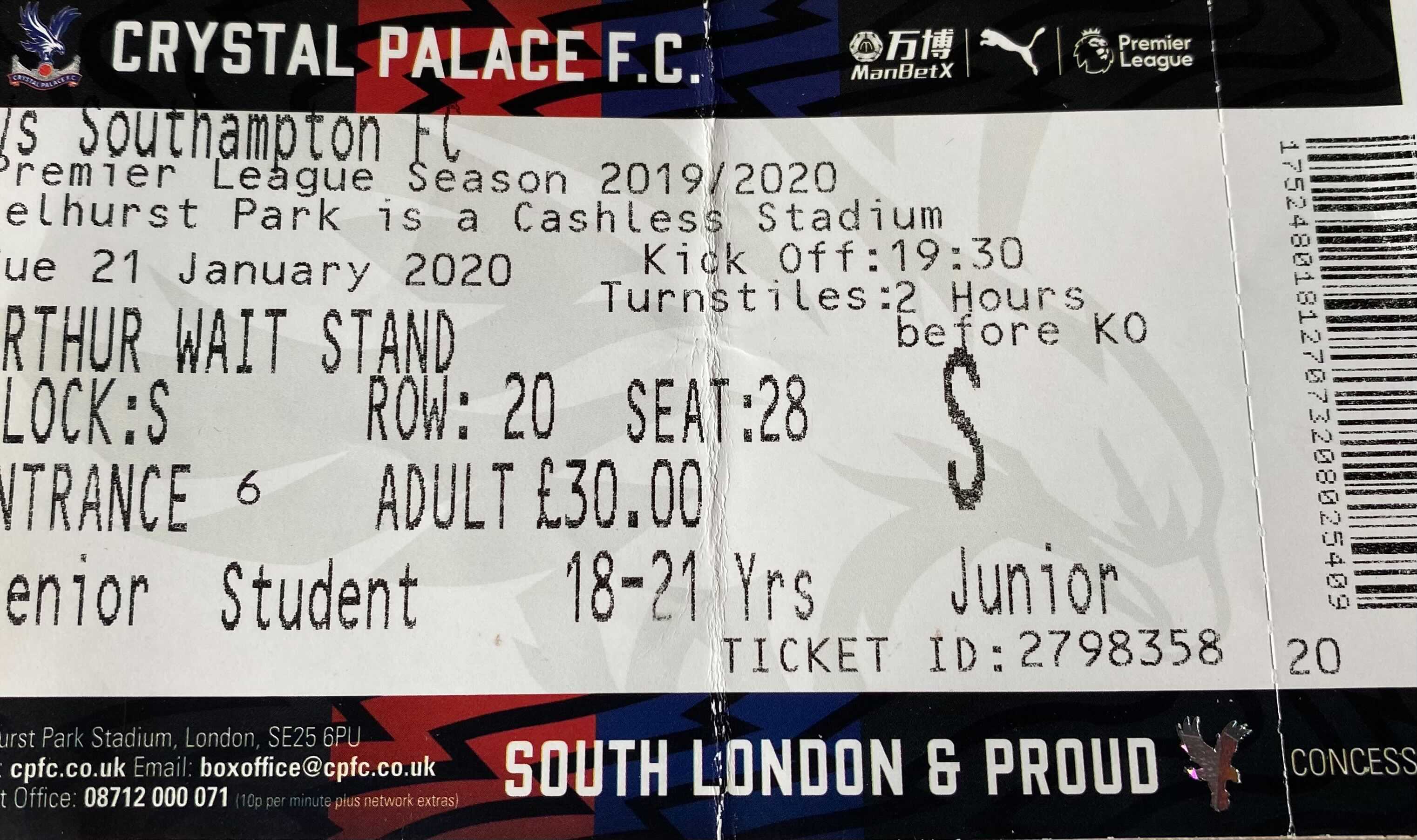 Crystal Palace away ticket in the Premier League on the 1/21/2020 at the Selhurst Park