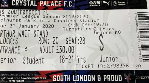 Crystal Palace away ticket in the Premier League on the 1/21/2020 at the Selhurst Park