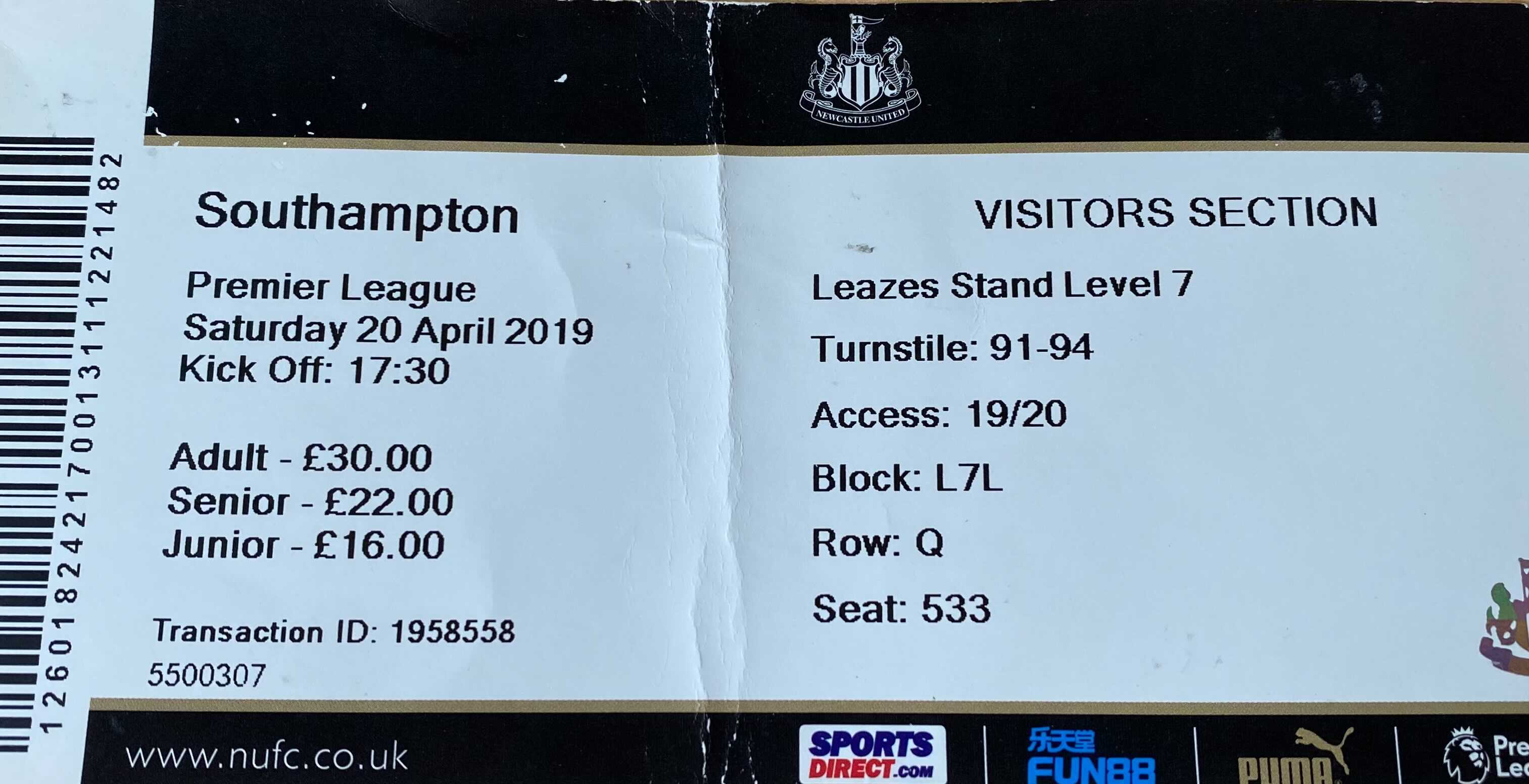 Newcastle United away ticket in the Premier League on the 4/20/2019 at the St James Park
