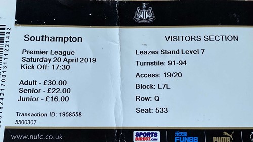 Newcastle United away ticket in the Premier League on the 4/20/2019 at the St James Park