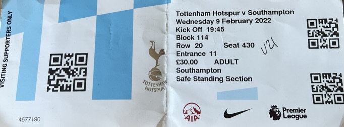 Tottenham Hotspur away ticket in the Premier League on the 2/9/2022 at the Tottenham Hotspur Stadium