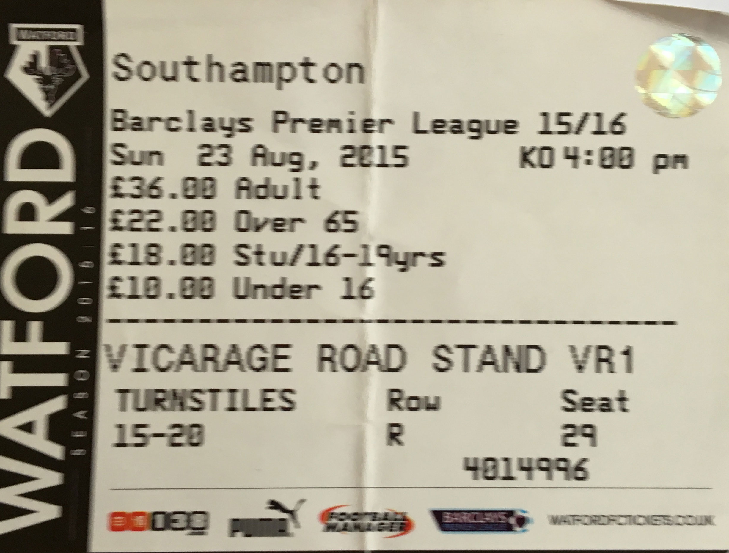 Watford away ticket in the Premier League on the 8/23/2015 at the Vicarage Road