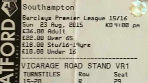 Watford away ticket in the Premier League on the 8/23/2015 at the Vicarage Road