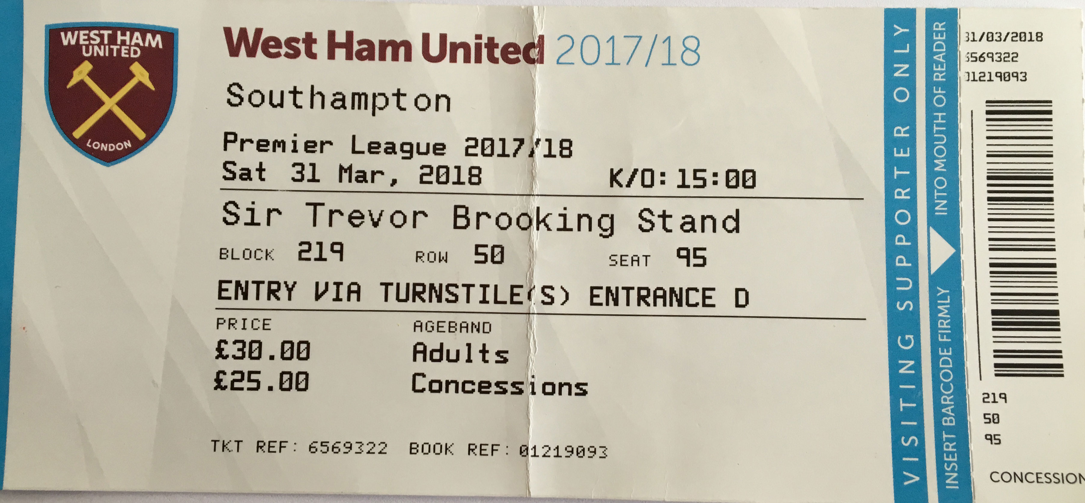 West Ham United away ticket in the Premier League on the 3/31/2018 at the London Stadium
