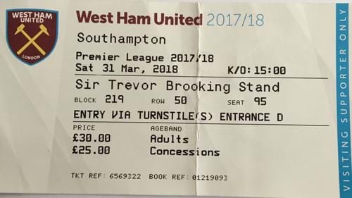 West Ham United away ticket in the Premier League on the 3/31/2018 at the London Stadium